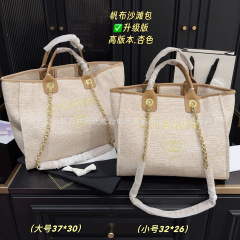 外贸高质感经典小香风沙滩包刺绣帆布大容量手提单肩斜挎链条女包