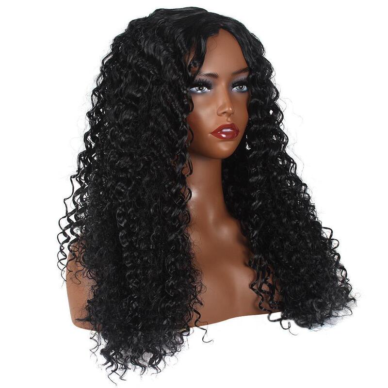 Factory Price New Model Black High-Temperature Fiber Synthetic Wig with Small Curls and Middle Parting 24inch High-Quality Wig Without