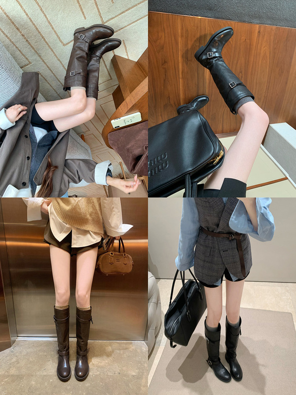 牛皮版葡萄ma同款骑士靴女真皮机车靴子尖圆头皮带扣粗跟显瘦长靴|undefined