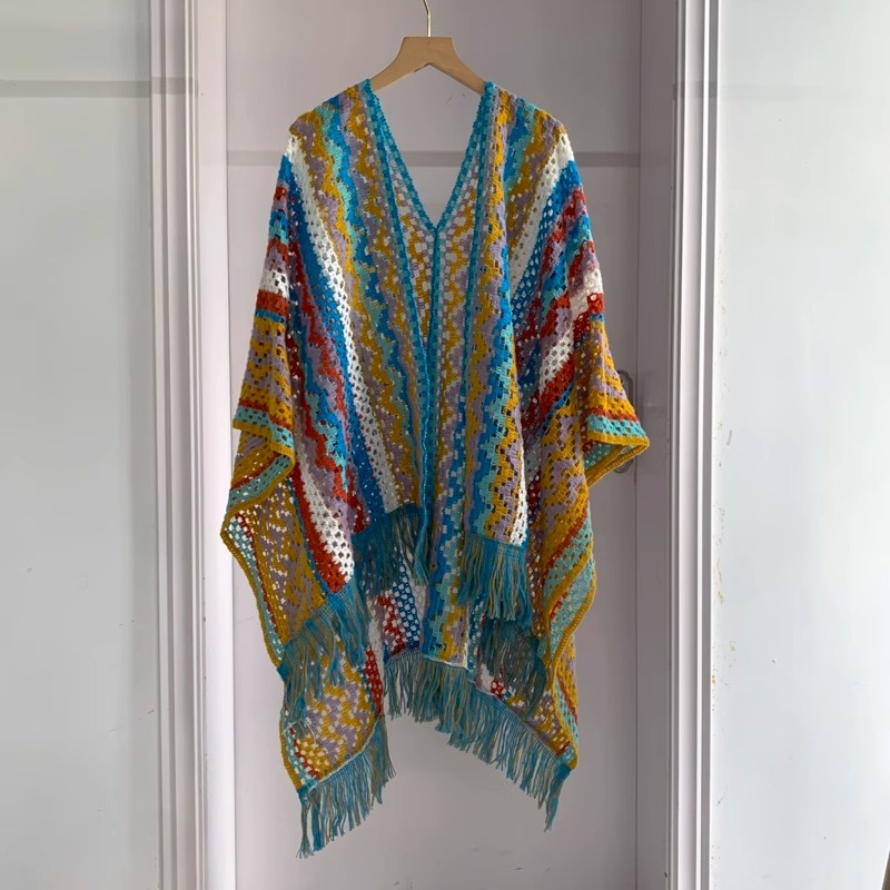 Nuevo chal de mujer, tiras de color, suéter de punto, foto de viaje, capa étnica de todo fósforo, capa de todo fósforo, viaje