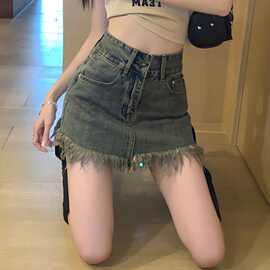 夏季大码胖高腰毛边复古包臀牛仔半身裙字裙防走光短裙辣妹子