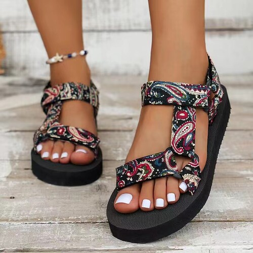 2025 Summer Thick Heel Fabric Ethnic Women's Shoes Fish Mouth Colorful Patch Magic Tape Beach Sandals Plus Size
