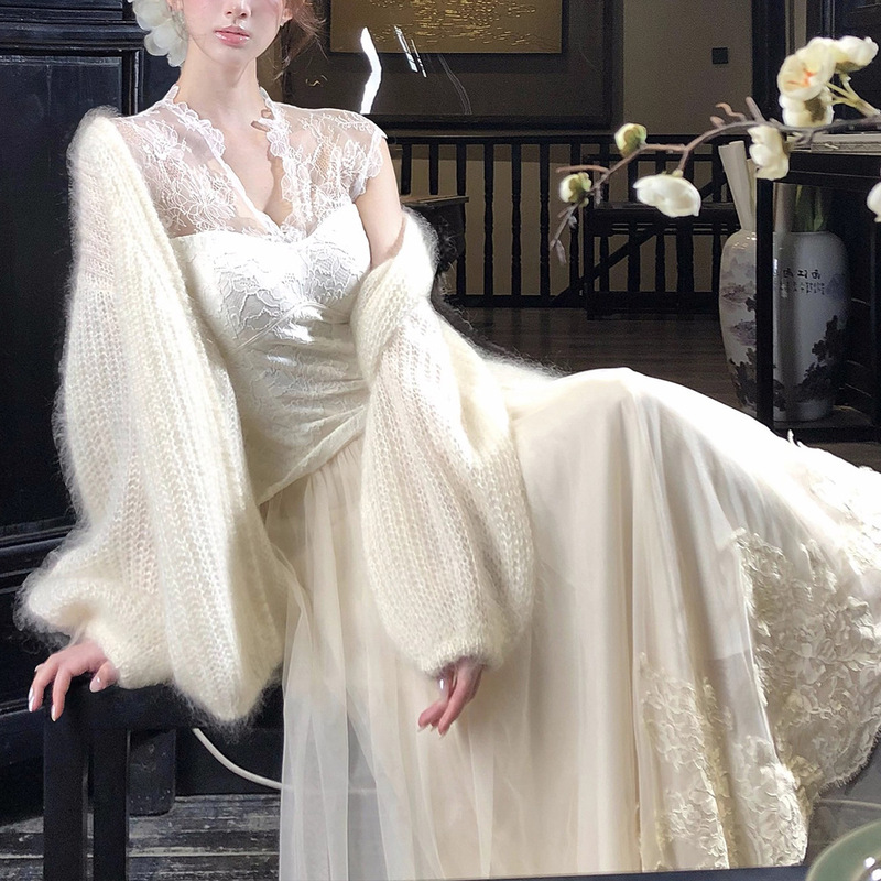 【Sakura Snow】Pure Desire Style V-Neck Padded Top Mesh Skirt Cardigan Three-Piece Set Lace Women's Innerwear Series