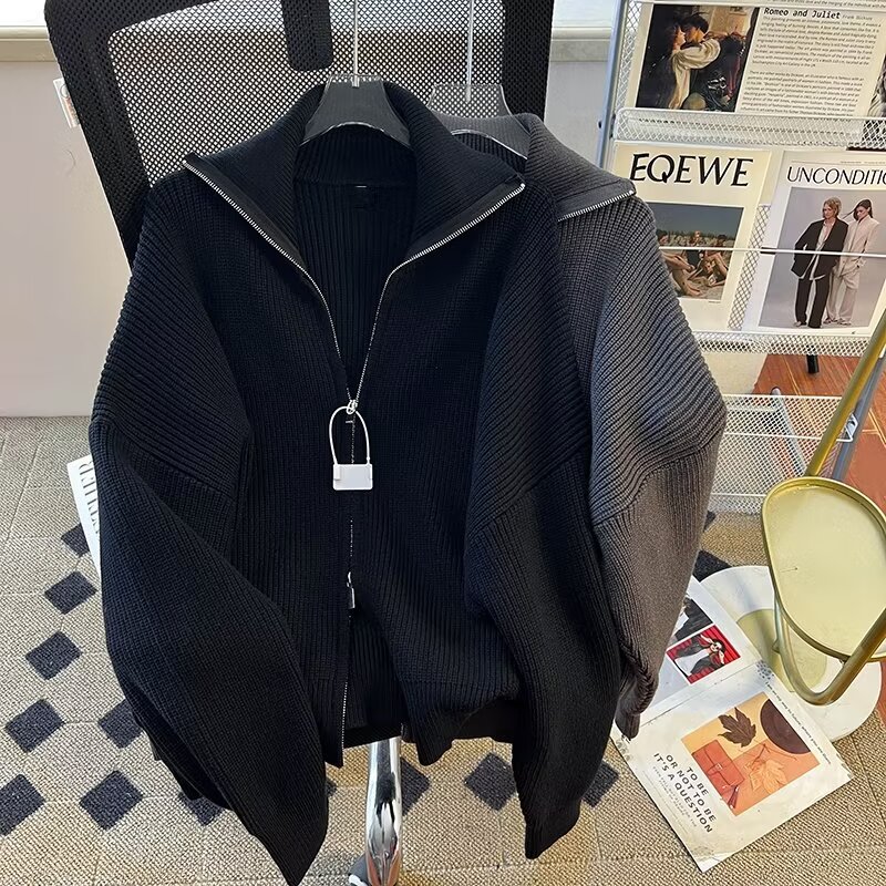 Men's Autumn/Winter Thick Cardigan Sweater Jacket with Zipper, Casual Trendy Brand, Japanese Retro Hong Kong Style, Cool Lapel Knit Sweater