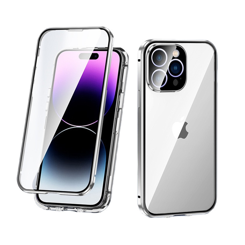 iPhone17用ケース、マグネット式、Apple 16対応、ダブルバックル、両面ガラス保護フィルム、メタル磁気吸着ケース|undefined