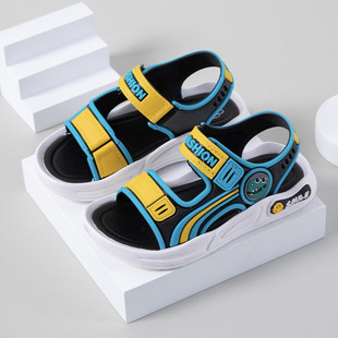 Boys Sandals 2024 New Summer Anti-Slip Soft Sole Boys Medium and Large Children's Velcro Children's Shoes Baby Beach Sandals