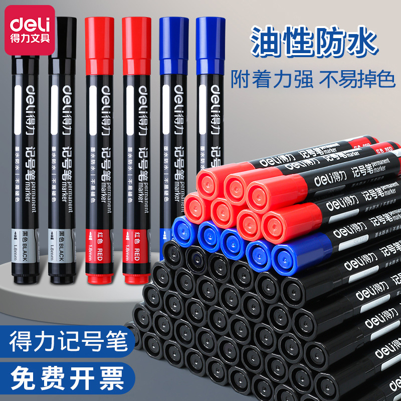 Deli Marker Pen Black Oil-Based Waterproof Pen Sk109 Large Capacity Logistics-Specific Oil-Based Pen Large Tip Pen Wholesale