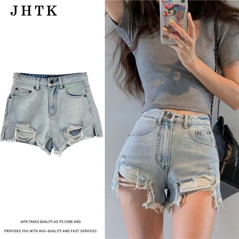 ins Large Size Denim Shorts with Irregular Hole and Rave for Women 2023 Summer New Sexy High Waist Slim A- line Hot Pants ins Large Size Denim Shorts with Irregular Hole and Rave for Women 2023 Summer New Sexy High Waist Slim A- line Hot Pants