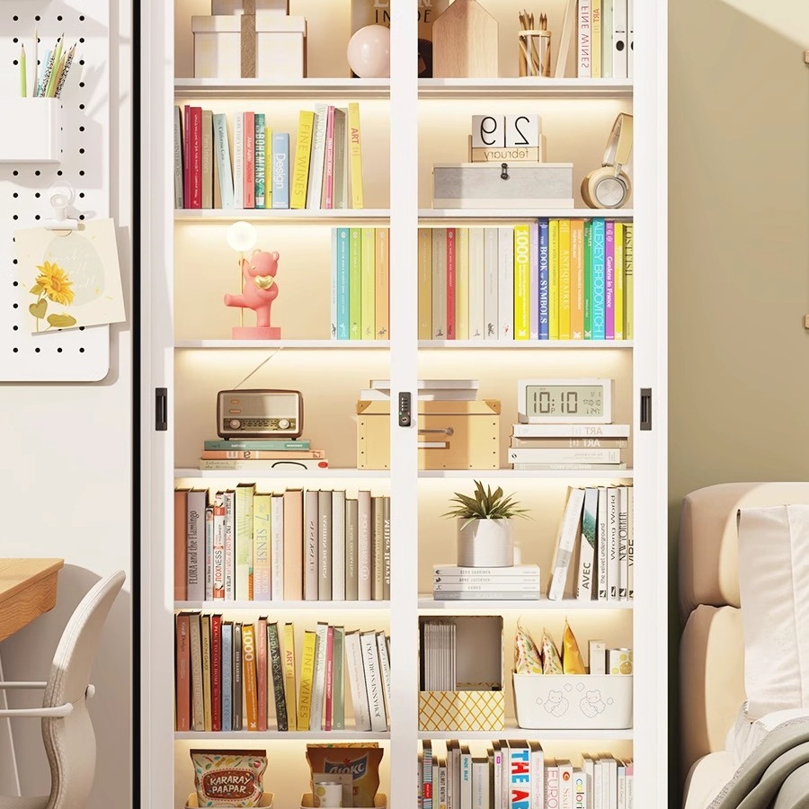 家用钢制书架推拉门防尘带锁玻璃书柜客厅多层落地一体靠墙储物柜