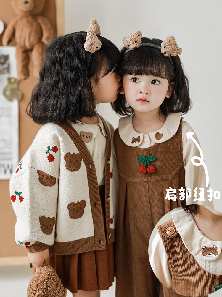 Wulibuyi niñas vintage cardigan de punto traje lindo oso cereza niños otoño suspender Pantalones