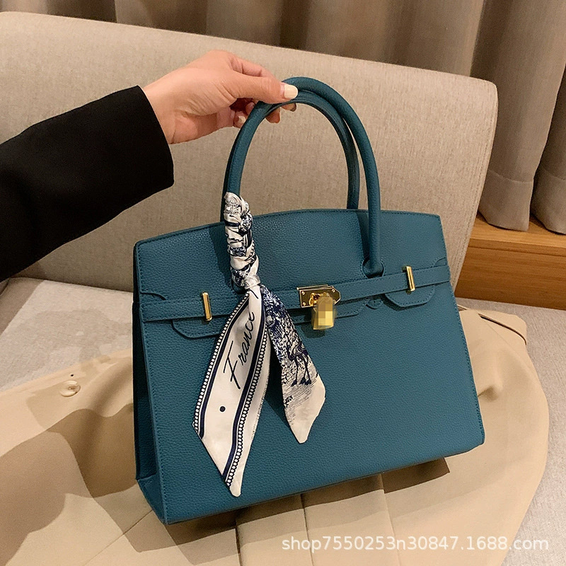 Cross-border Bag Women's New Lock Scarf Kelly Bag Popular Crossbody Bag Litchi Pattern Fashionable Stylish Tote Bag