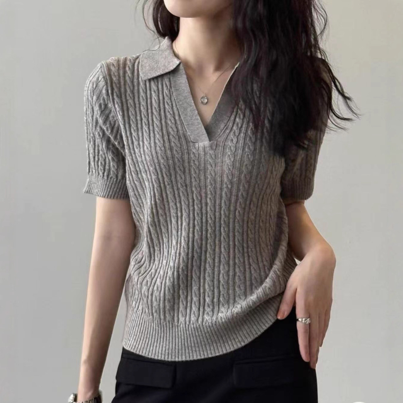 Retro Twist Knitted Short-Sleeved T-Shirt For Women In Autum, Fashionable Polo Lapel Collar-Baring Collar Short Top