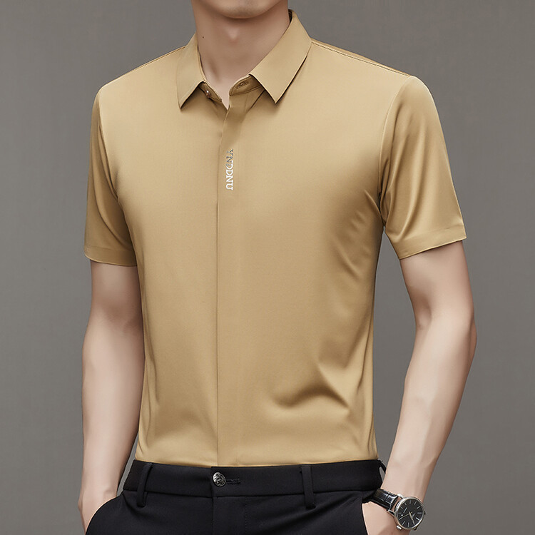 Men's High-End Ice Silk Short-Sleeved Shirt Men's Spring and Summer New High-Elastic Seamless Middle-Aged Business Fashion Shirt Men's Clothing
