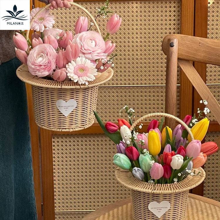 Día de la Madre cortesía canasta de flores tejida a mano canasta pastoral viento de caña tejida de mano canasta de flores salón de flores canasta de regalos