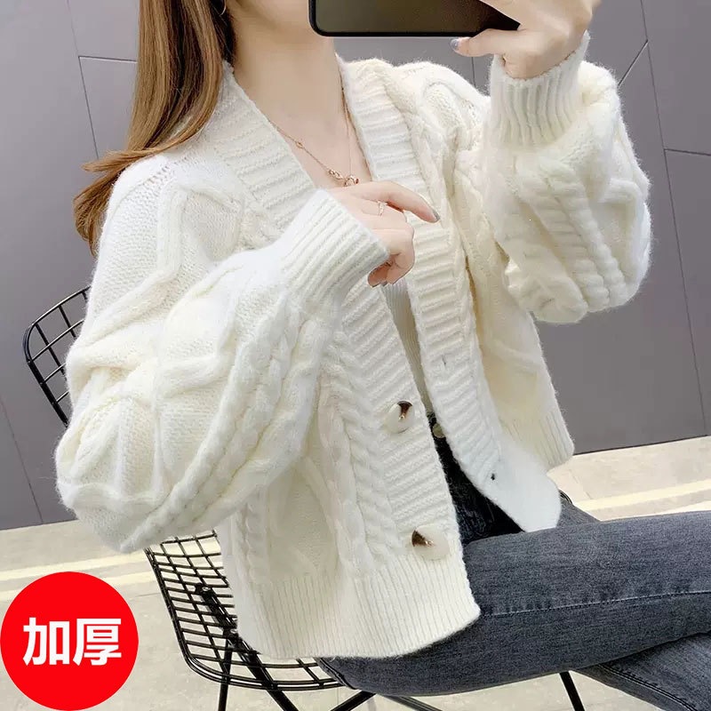Early autumn sweater jacket, V-neck, new style top, women's trendy 2025 short cable-knit cardigan, autumn outfit