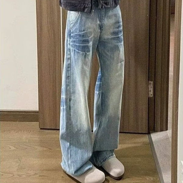 Washed Blue Straight Jeans Men Spring Fall American High Street Vibe Pants Cleanfit Curved Slight Flare Long Pants Washed Blue Straight Jeans Men Spring Fall American High Street Vibe Pants Cleanfit Curved Slight Flare Long Pants
