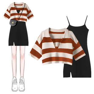 Plus Size Women's Summer Suit Women's 2025 New Polo Collar Short Top Versatile Suspender Dress Two-Piece Set