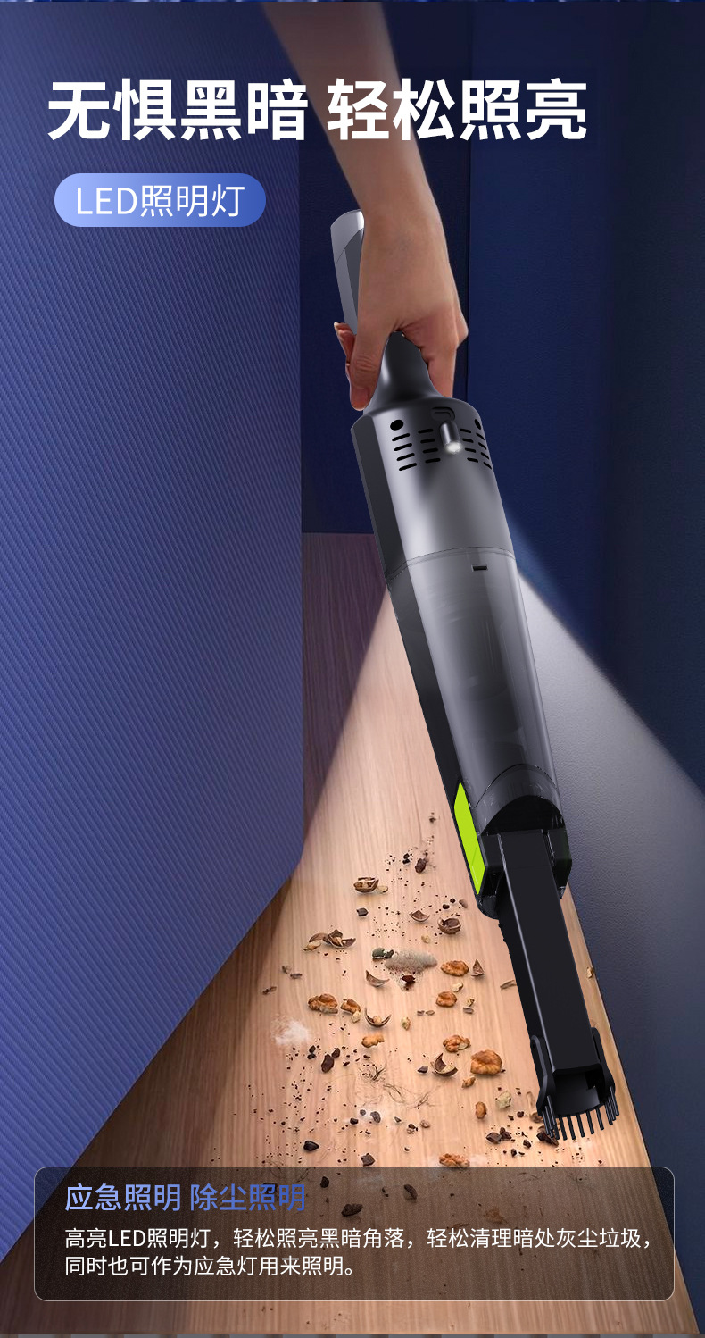 Cross-border household wireless charging portable vacuum cleaner with light, strong suction, multifunctional handheld small vacuum cleaner for car use
