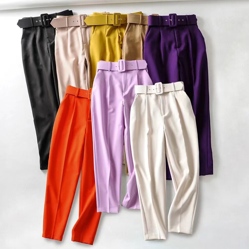 European and American Style Cross-Border New Casual Pants Slightly Elastic Slimming Look Belt Decoration Pure Color Straight Suit Nine-Point Pants