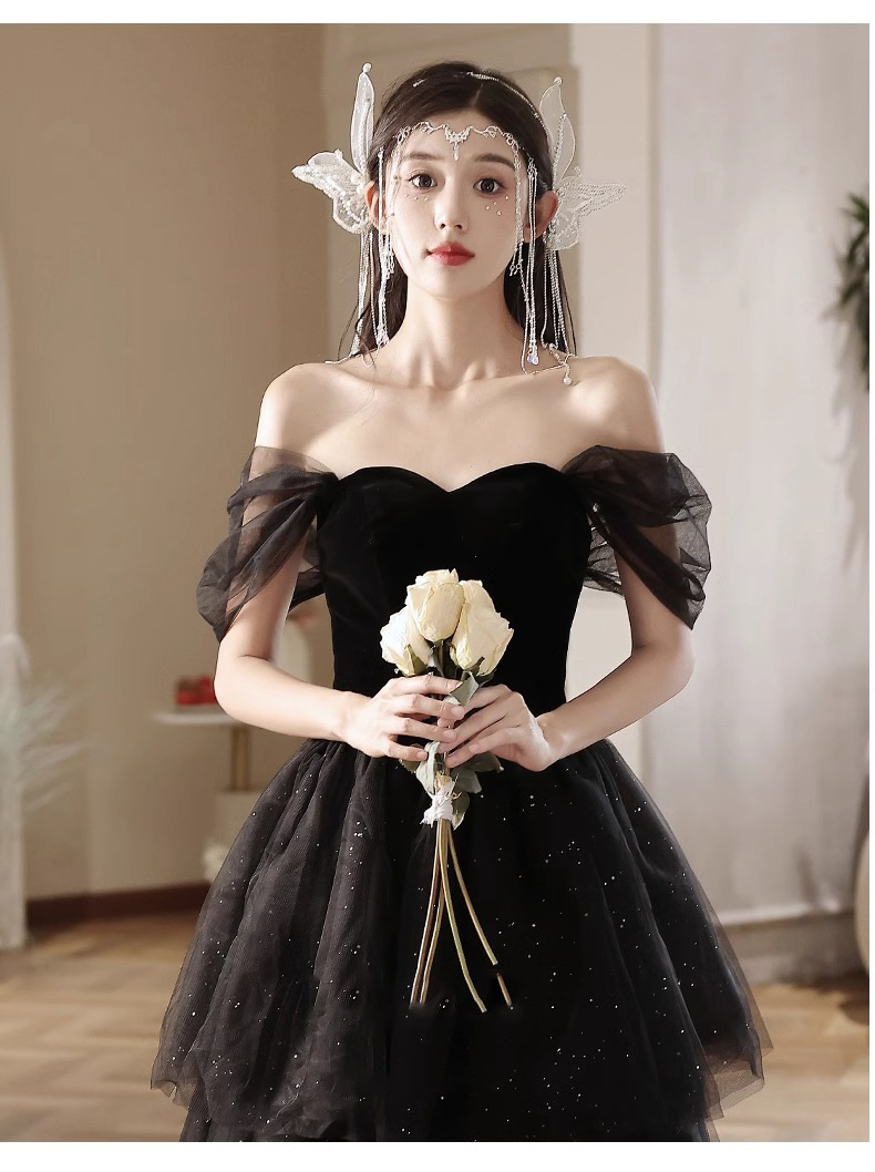 Đầm dạ hội đen lệch vai dáng chữ A thanh lịch — đen chi tiết 14