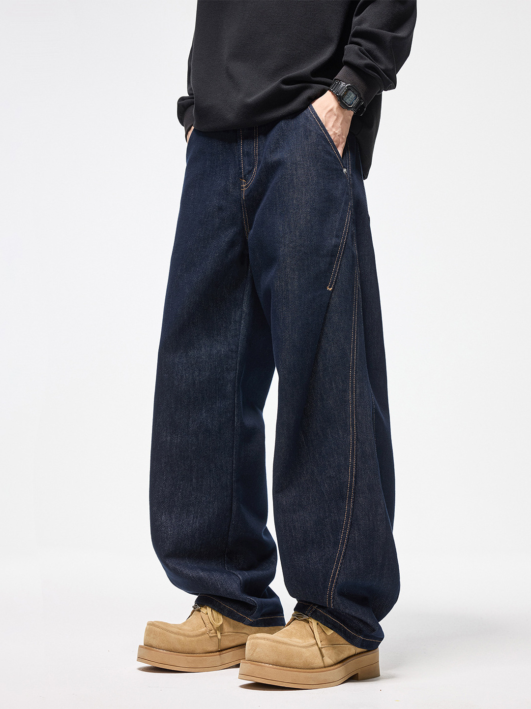 American Retro Trendy Brand Dark Blue Scimitar Jeans for Men 2026 New Style Trendy Loose Wide-Leg Casual Long Pants