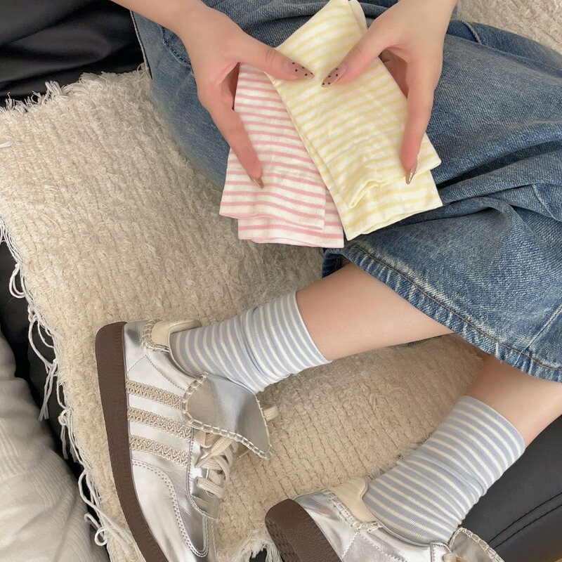 Cream Stripesd Socks Women's Mid-Calf Socks Spring and Summer Thin Confinement Socks Simple Ins Trendy K-Style Japanese Style Summer Stockings