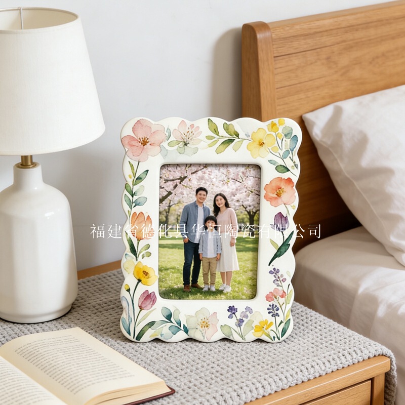 Factory Customized Flower Pattern Ceramic Wave Edge Photo Frame Spring Flower Pattern Ceramic Desktop Photo Frame