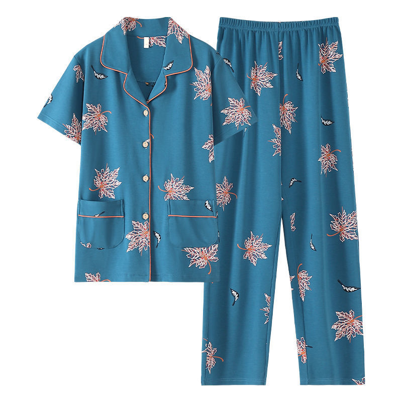 Pijama de algodón para mujer Pantalones de manga corta de verano más traje de chaqueta de mediana edad y madres de edad avanzada