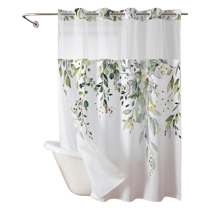 Cross-border dedicated leaf digital printing double-layer large ring shower curtain bathroom partition curtain waterproof mildew-proof polyester shower curtain
