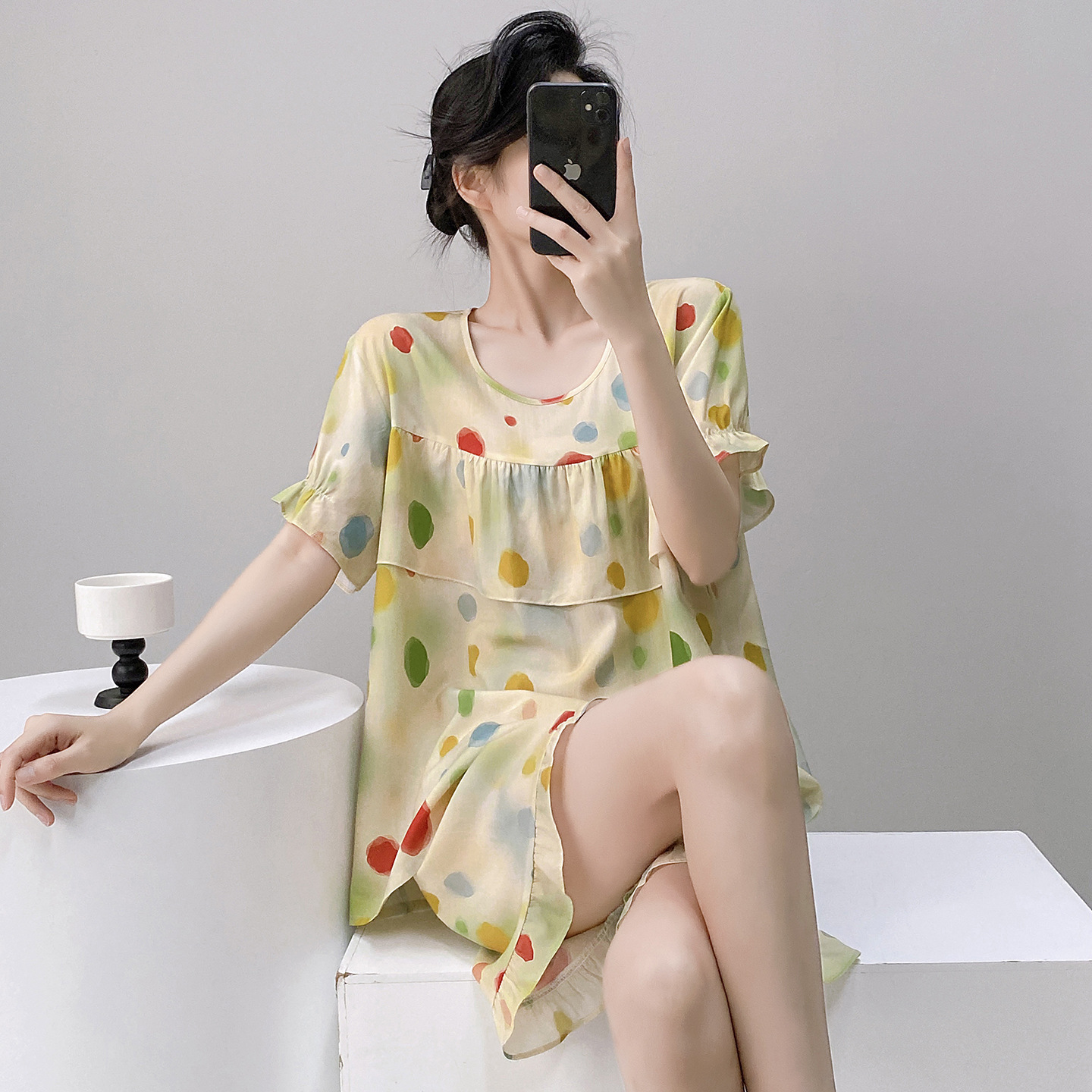 Colorful polka dots on yellow bottom
