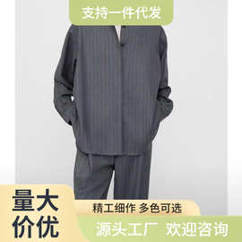 北欧TOTE衬衫女灰色条纹落肩宽松廓形长袖衬衣小众通勤上衣