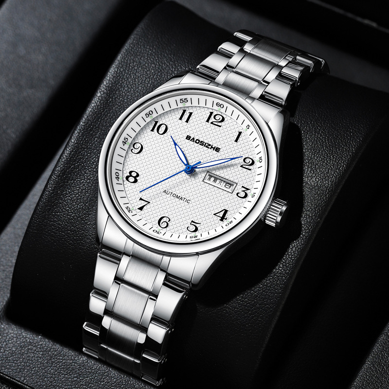 B009 double calendar natural white steel belt men's model