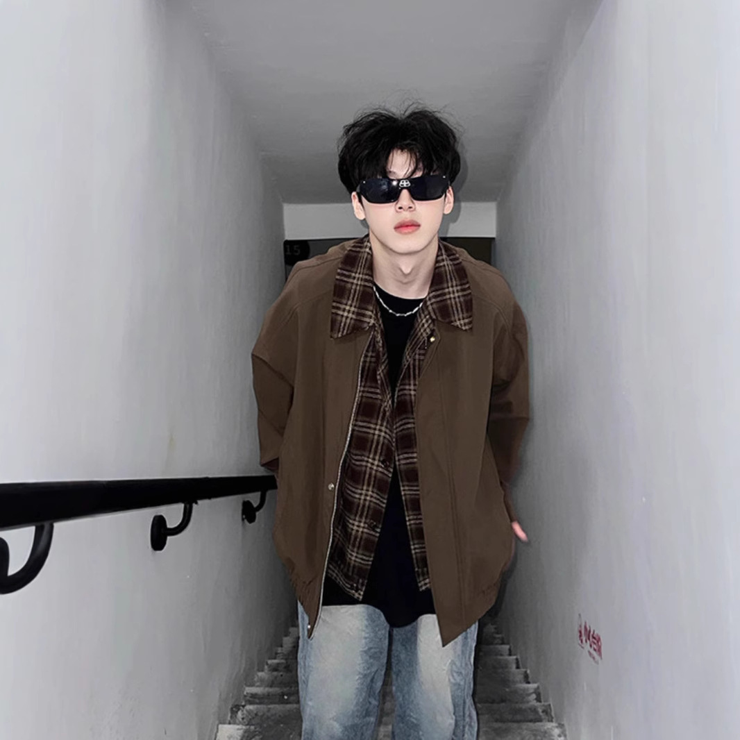 Casual And Cool Workwear Plaid Lapel Patchwork Jacket, Men's Trendy Loose Jacket_voghion.com