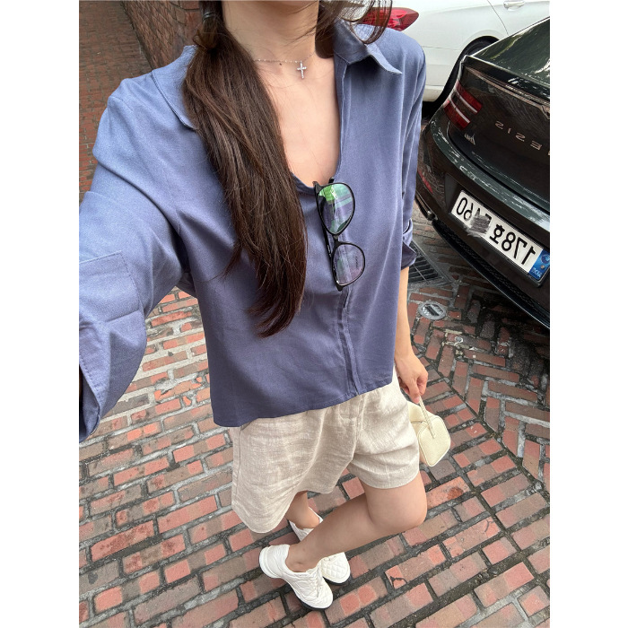 纯棉拉链条纹v翻领衬衫女2025新款爆款夏季宽松衬衣薄款开衫上衣|undefined