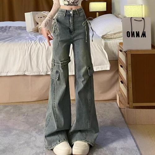 Vintage American-style wide-leg jeans for women, suitable for spring and autumn, niche low-rise stretch slimming mule work pants