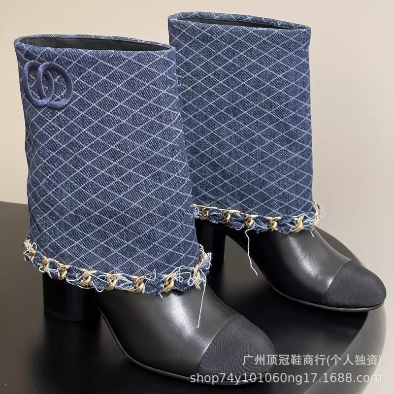 高版2025春秋新款小香风真皮链条高筒靴女粗高跟不过膝时装短靴子|undefined