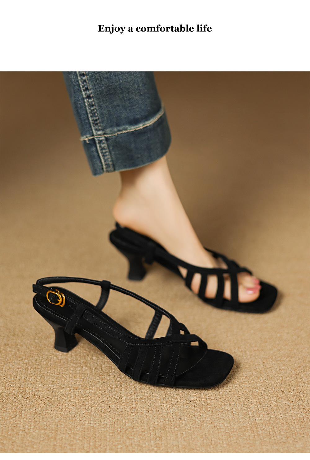 Sandal nữ hở mũi gót dày bện 5.5cm kiểu La Mã — da cừu đen chi tiết 9