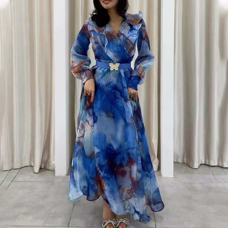 2025 primavera y verano nuevo estilo de comercio exterior europeo y americano estampado vestido de malla de gran swing viaje vestido de mujer de talla grande europeo y americano