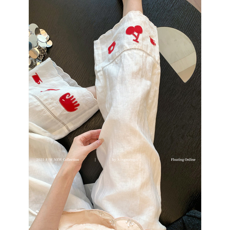 白色裤脚刺绣花边亚麻休闲直筒裤女2025新款小众慵懒显瘦阔腿裤子|undefined