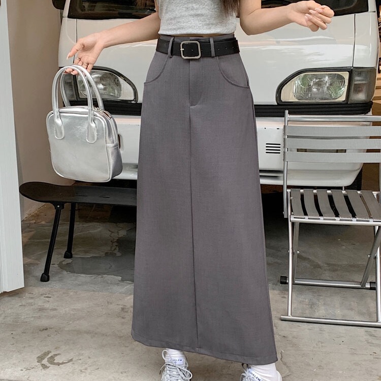 Slit A-Line Suit Skirt for Women Summer New High-Waisted Black Slimming Look Hip Skirt Mid-Length Gray Skirt