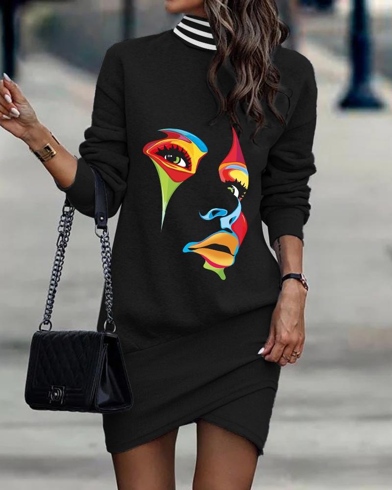 Women'S Gender Printing, Patchwork Design British Style Style Wholesale Women'S British Style Printing Patchwork Leopard Skull Daily Turtleneck Long Sleeve Irregular Skirt