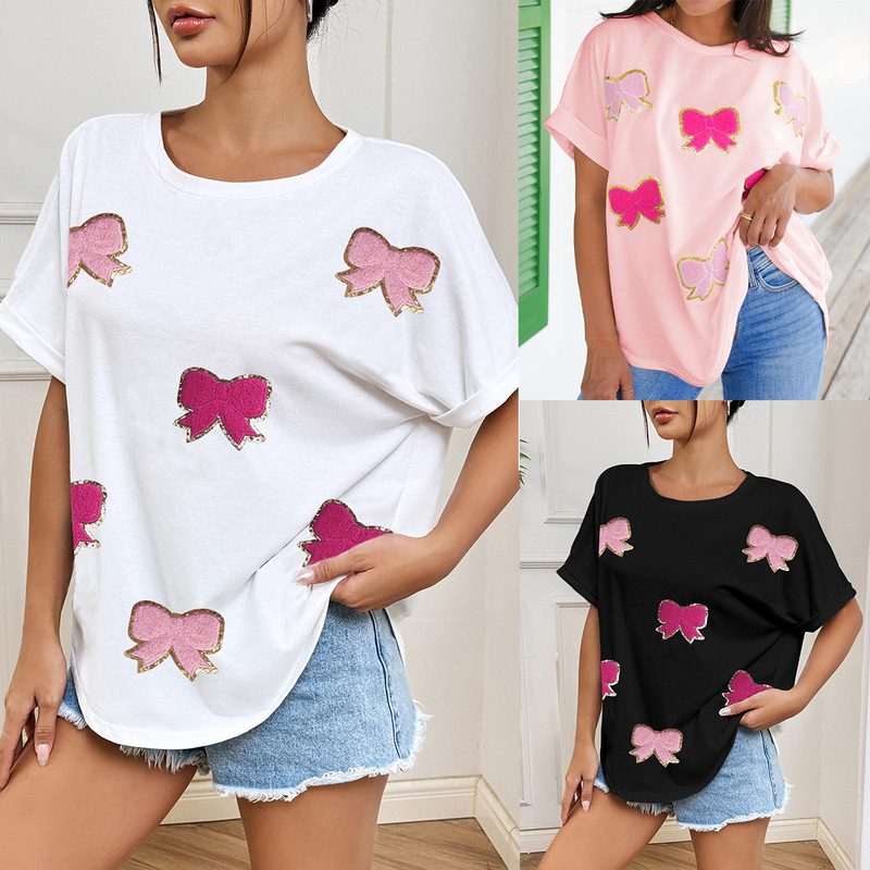Popular Cross-Border European and American Sequin Embroidered Bowknot Sequin Cute Loose Short-Sleeved T-Shirt/Valentine's Day