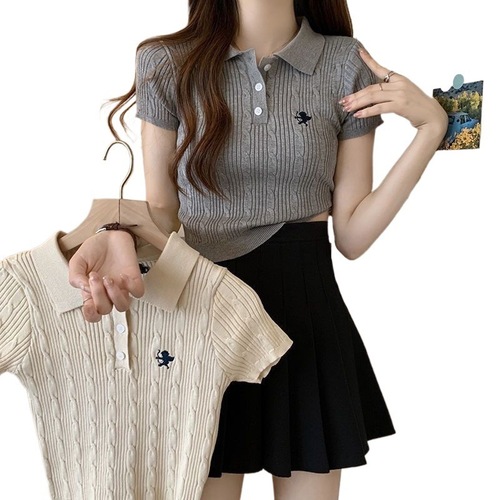 Stylish Sweet and Spicy Summer French Minority Fashion Polo Collar Knit Top Short Sleeve T-Shirt for Women Short Style Slimming Upper Body
