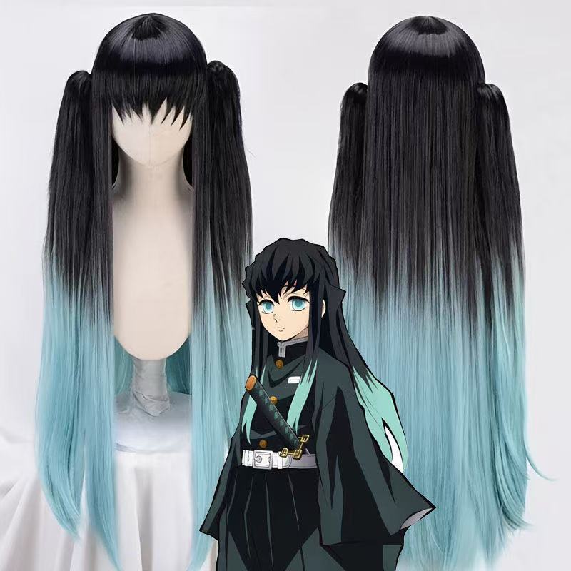 Demon Slayer Wig Tokito Muichiro Cosplay Wig Mist Pillar Black Gradient Color Mixing Blue-Green Double Ponytails