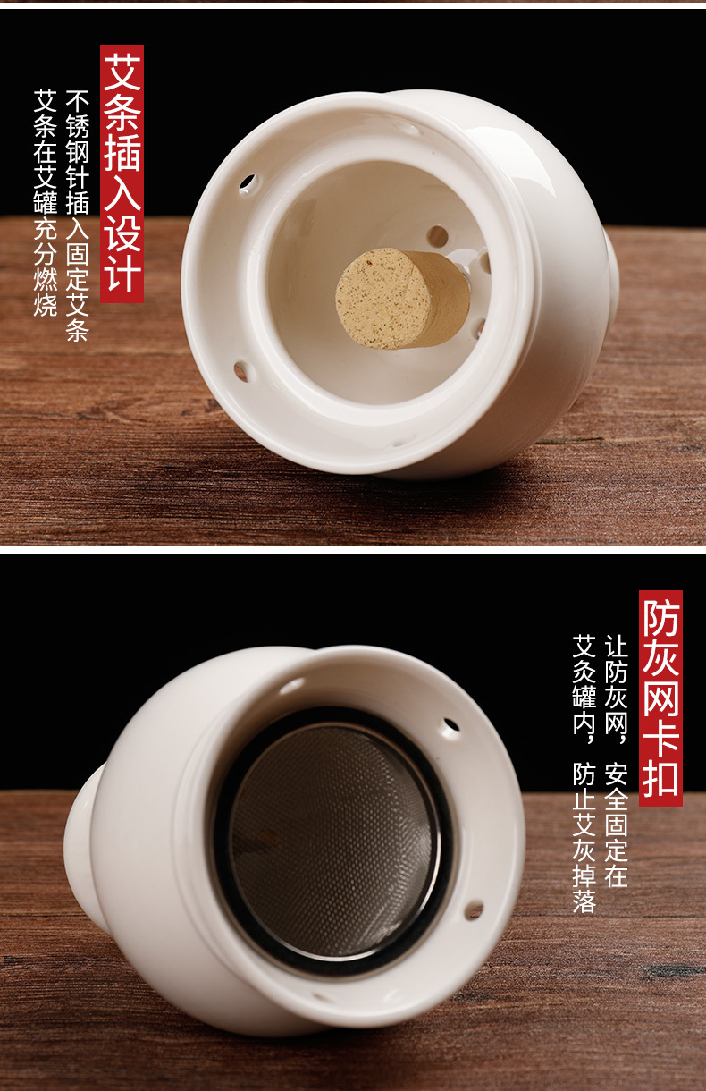 Ceramic Moxibustion Jar with Heat Shield Gua Sha Lid Home Moxa Stick Warmer Ai Tiao Ai Zhu in use