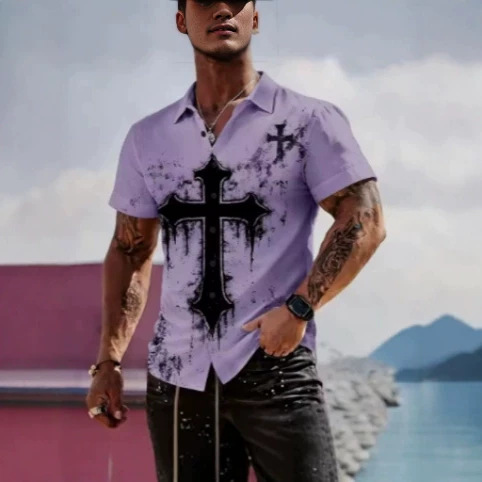 Men's Casual Button-Down Cross Religious Shirt, 3D Printed Short-Sleeved Tie Top, Spring and Summer Vacation Shirt Men's Casual Button-Down Cross Religious Shirt, 3D Printed Short-Sleeved Tie Top, Spring and Summer Vacation Shirt