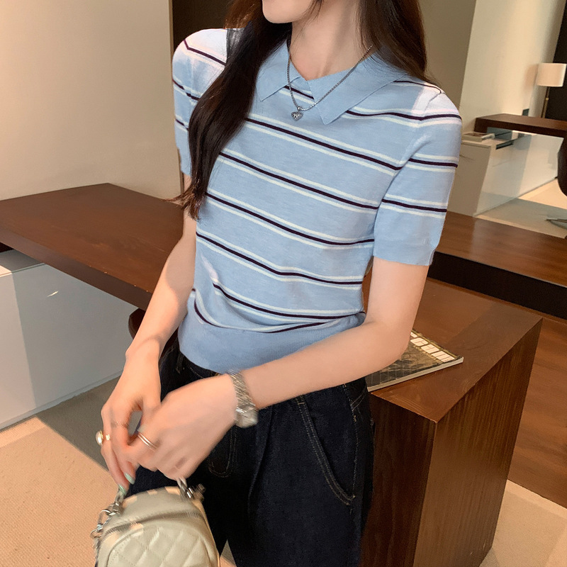 polo领条纹短袖针织衫女夏季2025新款修身显瘦翻领气质上衣女装|undefined