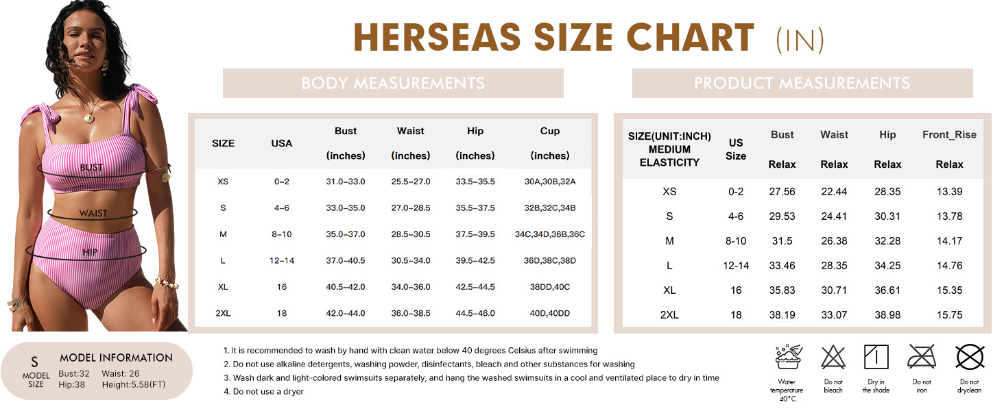 Herseas Women's Tie Shoulder Striped Swimsuits Size Chart