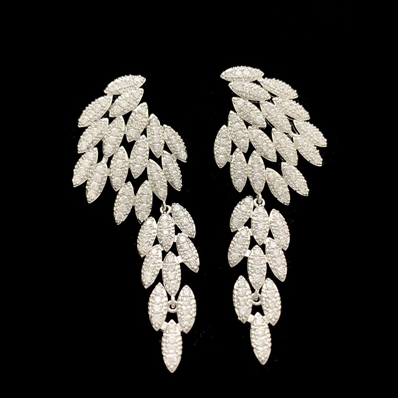 Solid Color Pattern Women's Gender 1 Pair Vintage Style Solid Color Feather Inlay Copper Zircon Drop Earrings