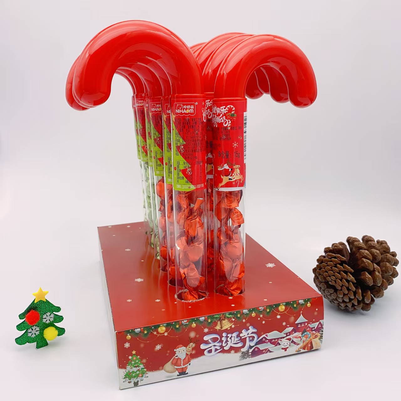 圣诞节圣诞糖果拐杖拐棍盒装创意卡通散装儿童棒棒糖礼物批发零食